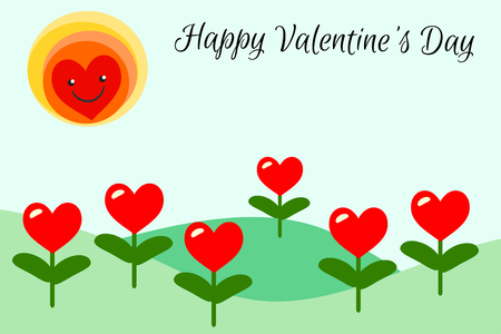 Illustration of a landscape in flat design cartoon vector. Landscape form hearts for Valentine's Day. Love and heart concept. Picture for print, greeting card, poster or graphic design.のイラスト素材
