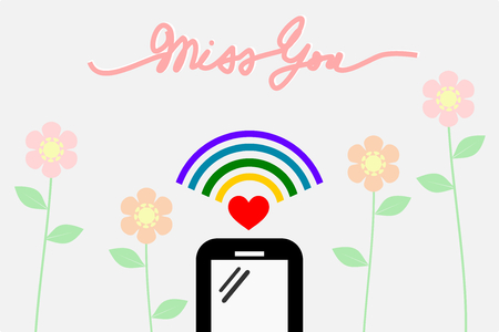 Smartphone with wifi signal. There is handwriting word 'Miss You' in flat design, pastel flower background.のイラスト素材
