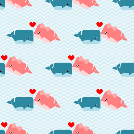 Cute cartoon male and female whale in a seamless pattern vector illustration background.のイラスト素材