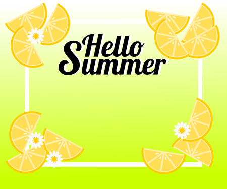 Summer background with lemon and tiny flowers. There is word 'Hello Summer'. Illustration use for web banner, poster or flyer. Picture with copy space for text or product marketing and advertising.のイラスト素材