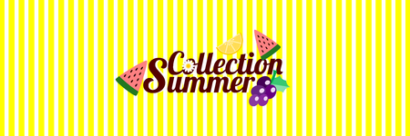 Word 'Summer Collection' and fruits on bright yellow background. Vector illustration in summer...