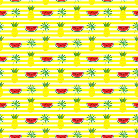Seamless patter of tropical fruits, watermelon, pineapple and palm leaves.のイラスト素材