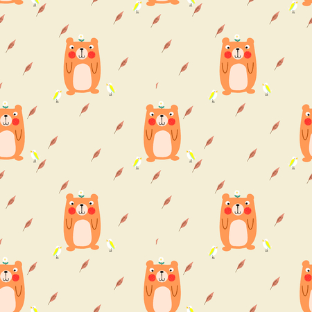 Cute bear and autumn leaves seamless patternのイラスト素材