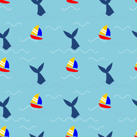 Seamless pattern of whale and ship in the ocean.のイラスト素材