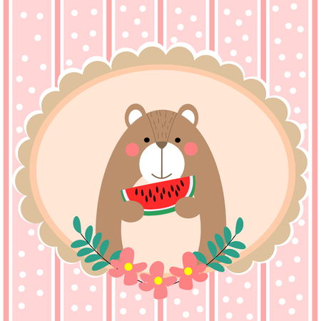 Cute bear hold watermelon background for greeting card theme.のイラスト素材