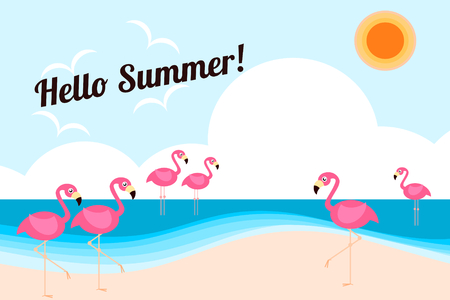 Illustration vector of cute flamingos on the beach. Hello sea and summer season concept.のイラスト素材