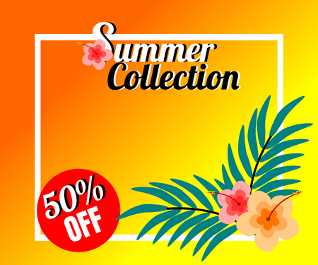 Vector of colorful floral in hot tone background. There is word 'Summer Collection' and copy space for writing, product marketing and advertising.のイラスト素材