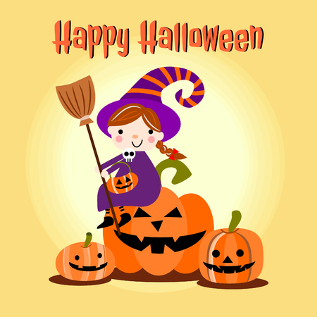 Cute witch and halloween pumpkins. Halloween background.のイラスト素材