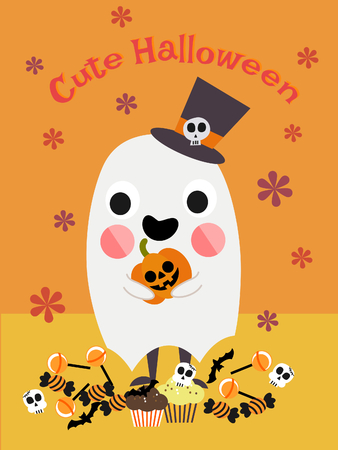 Cute Halloween ghost and candy. Lovely Halloween greeting card.のイラスト素材