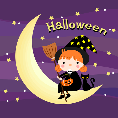 Halloween Cute witch sit on the moon. Halloween witch background.のイラスト素材