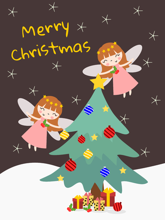 Cute Angles and Christmas tree background. Christmas greeting card.のイラスト素材