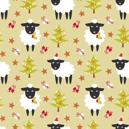Cute black sheep and Christmas trees seamless pattern.のイラスト素材
