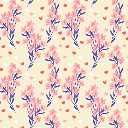 Sweet pink flowers and tiny heart background. Beautiful flowers seamless pattern.のイラスト素材