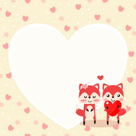 Cute fox in love and hold a red heart. Happy Valentine's day postcard.のイラスト素材
