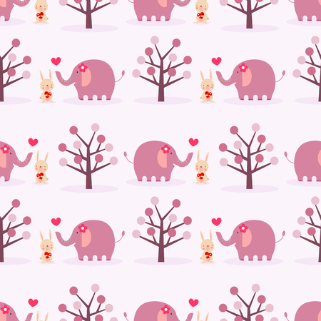 Cute bunny and elephant in love seamless pattern. Lovely animal in Valentine concept.のイラスト素材
