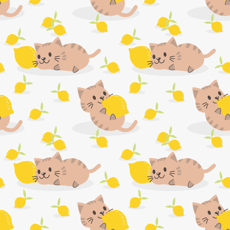 Lovely kitten and lemon seamless pattern. Summer fruit and cute cat.のイラスト素材
