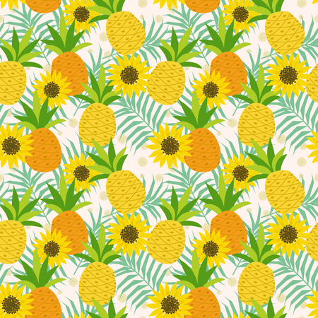 Pineapple and sunflower on leaves seamless pattern. Summer fruits concept.