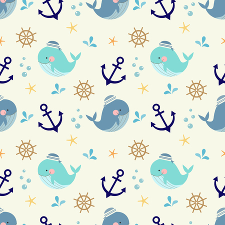 Cute whale, nautical and marine symbols seamless pattern.のイラスト素材
