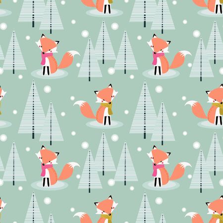 Cute fox in Christmas winter seamless patternのイラスト素材