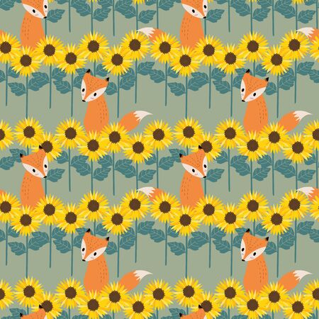 Fox in sunflowers field background seamless pattern.  Summer flower concept.のイラスト素材