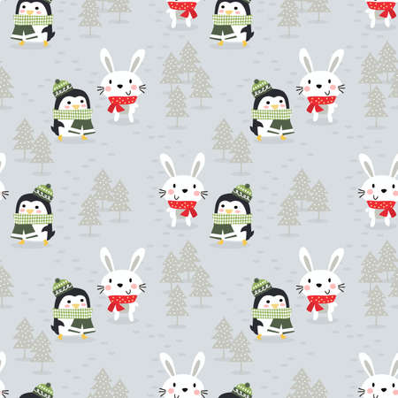 Cute bunny and penguin in Christmas winter seamless patternのイラスト素材