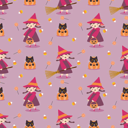 Cute Witch and Little Black Cat Seamless Patternのイラスト素材