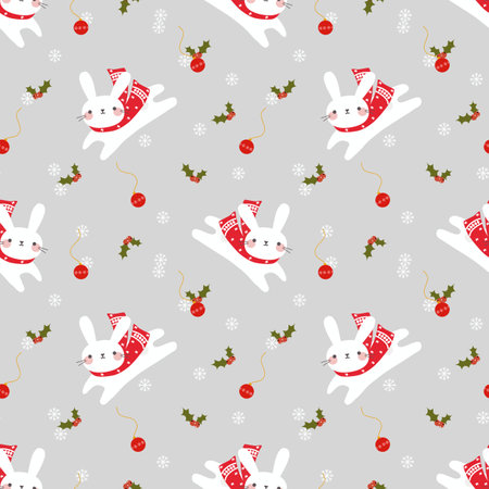 White Bunny in Christmas Winter Seamless Patternのイラスト素材