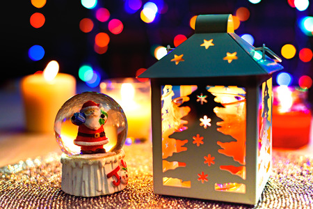 Santa Snow dome and Christmas pine lantern decorationの写真素材