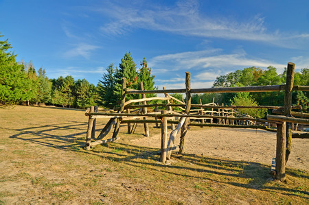 Late summer afternoon on an abandoned farm   ranch in the woods with scenic cloudy skyの写真素材