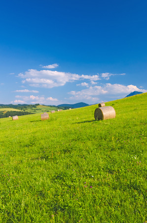 Hay rolls on a green mountain meadow with wonderful blue sky and white clouds の写真素材