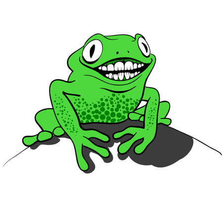 Smiling green little frog with a wide human teeth smile vector illustration. Amhibian sitting on ground with white background.のイラスト素材