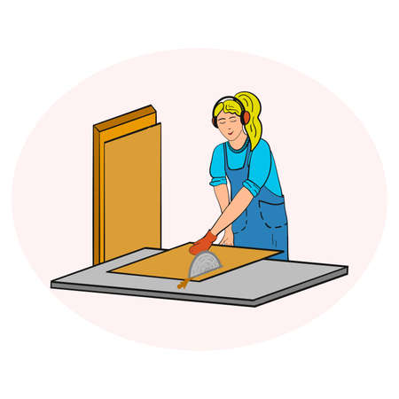 vector drawing woodworking girl at the machineのイラスト素材