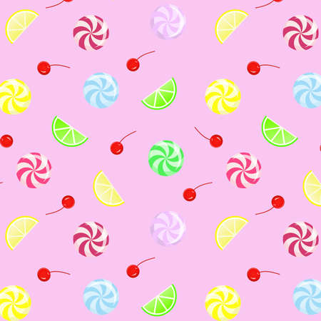 Round bright lollipops, lime and lemon slices. cherry. Yummy colorful sweet lollipop seamless pattern.のイラスト素材