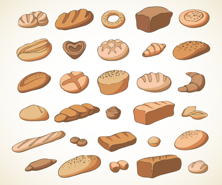 Vector set of baking: muffin, bread, loaf, croissant, pretzel, bun, ciabattaのイラスト素材