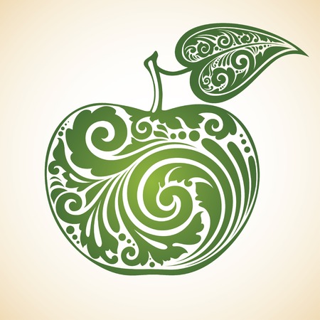 Decorative ornamental green apple with a leaf. Vector illustrationのイラスト素材