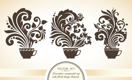 Vector set of decorative ornamental cups with floral design elementsのイラスト素材