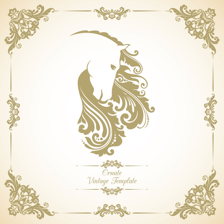 Vintage template with ornament and decorative horse. Symbol of 2014のイラスト素材