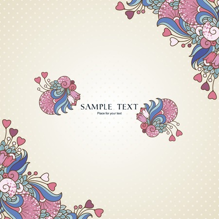 Template with hearts and abstract decorative frame with natural elements. Vector color designのイラスト素材