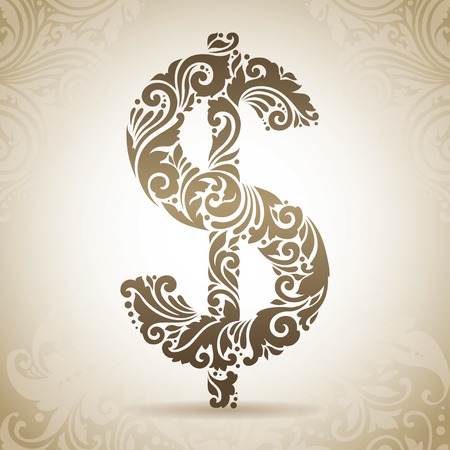 Vintage ornamental dollar sign. Decorative icon on a background with patternのイラスト素材