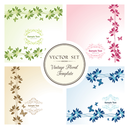 Vector set of floral backgrounds with butterflies and ornamental frameのイラスト素材