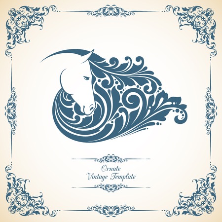 Vintage template with pattern frame and decorative horse with ornate mane. Vector illustrationのイラスト素材