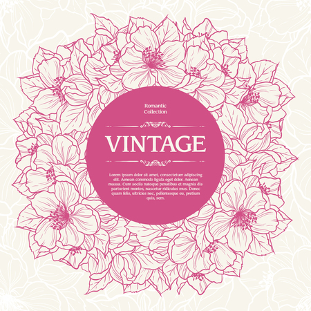 Vintage ornamental frame floral background design. Vector botanical illustration. Template card invitation banner with spring flowers. Sketch linear apple cherry blossom sakura flowersのイラスト素材