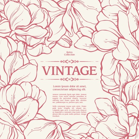 Vintage ornamental frame floral background design. Vector botanical illustration. Template card invitation banner with exotic flowers. Sketch linear magnolia flowersのイラスト素材