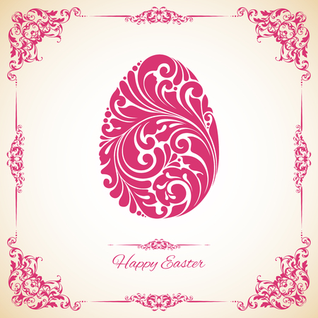 Template with decorative frame and ornate Easter egg. Happy Easter. Vector illustration. Design invitation, banner, greeting cardのイラスト素材
