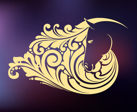 Ornamental decorative horse with a beautiful mane on night blurred backgroundのイラスト素材