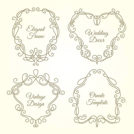 Set of ornate floral frames in monogram linear style with place for text. Premium design for invitation card . Vintage vector collectionのイラスト素材
