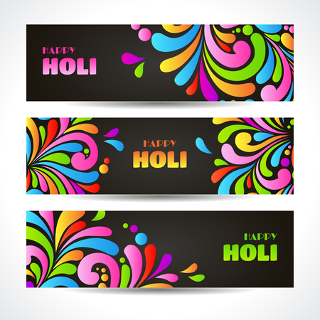 Colorful celebration ornate splash Holi banners header. Indian festival greeting cards Ornamental template set design with color pattern black background Happy Holiのイラスト素材