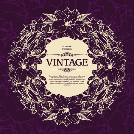 Vintage ornamental frame, floral background design. Vector botanical illustration. Template greeting card, wedding invitation banner with lily flowers. Floral wreath sketch.のイラスト素材