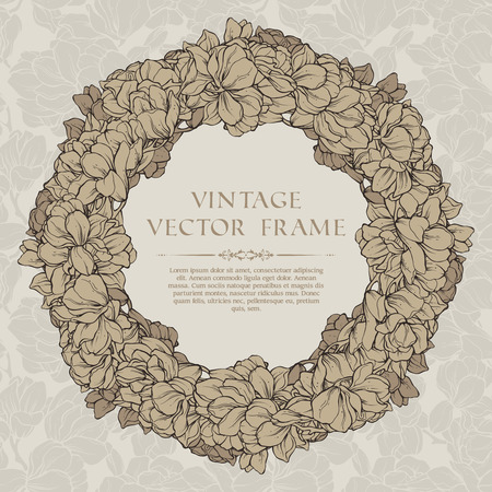 Vintage floral round frame. Vector illustration wreath with flowers on linear seamless background. Template retro greeting card invitation banner with spring flowers. Sketch linear magnolia blossomのイラスト素材