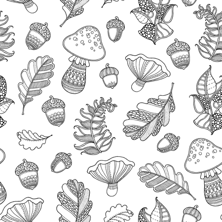 Seamless pattern in doodle style. Ornate, decorative, tribal, forest vector design elements. Black and white background. Oak leaves, acorns, fern, mushroom. hand drawn coloring book pageのイラスト素材